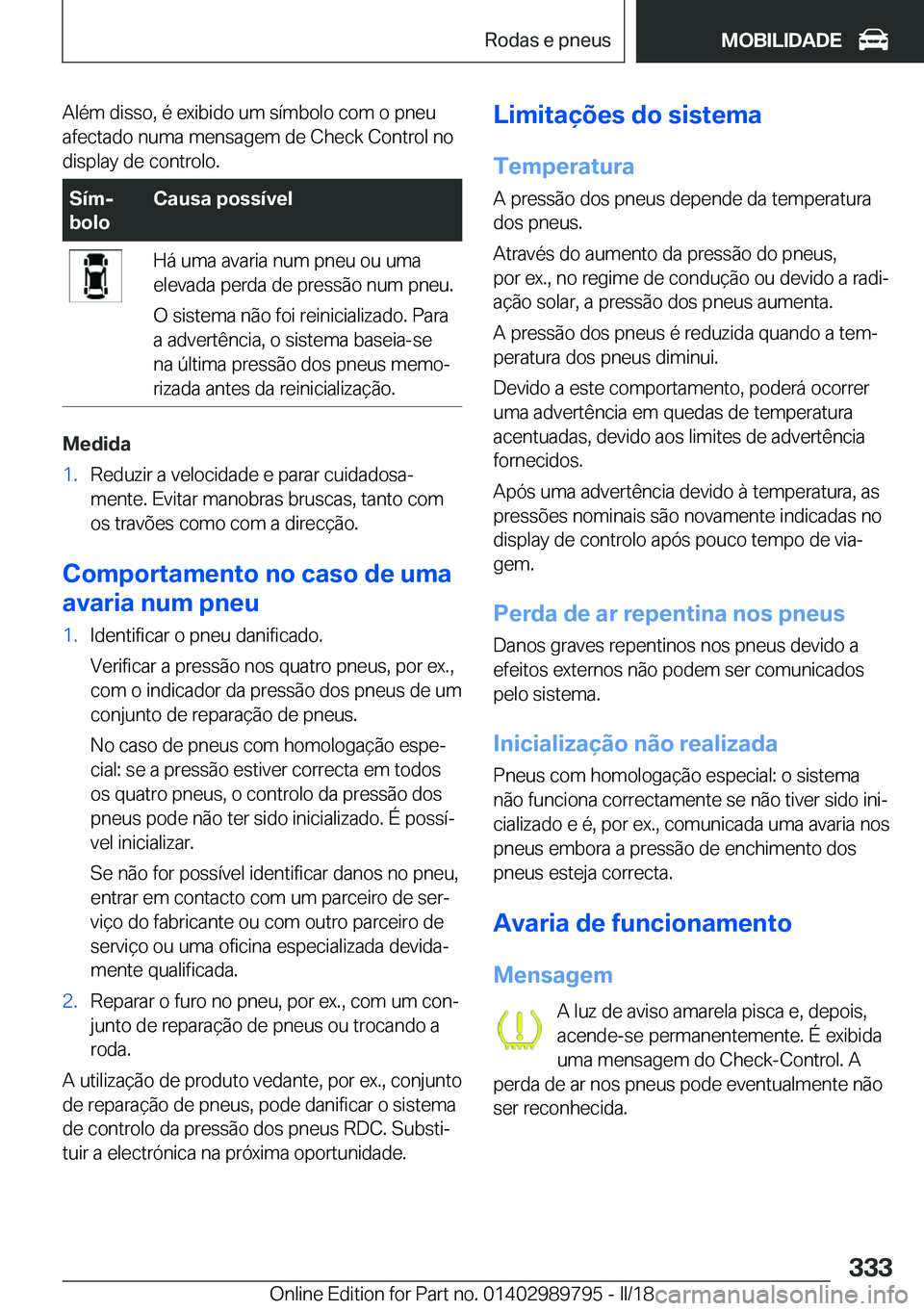 BMW M5 2018  Manual do condutor (in Portuguese) �A�l�é�m� �d�i�s�s�o�,� �é� �e�x�i�b�i�d�o� �u�m� �s�í�m�b�o�l�o� �c�o�m� �o� �p�n�e�u�a�f�e�c�t�a�d�o� �n�u�m�a� �m�e�n�s�a�g�e�m� �d�e� �C�h�e�c�k� �C�o�n�t�r�o�l� �n�o
�d�i�s�p�l�a�y� �d�e� �c�o