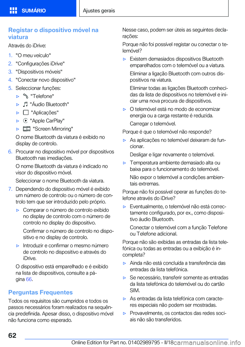 BMW M5 2018  Manual do condutor (in Portuguese) �R�e�g�i�s�t�a�r��o��d�i�s�p�o�s�i�t�i�v�o��m�