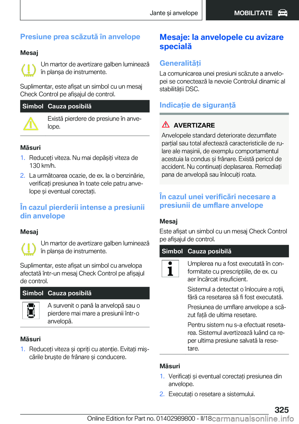 BMW M5 2018  Ghiduri De Utilizare (in Romanian)  P r e s i u n e  p r e a  s c ă z u t ă  