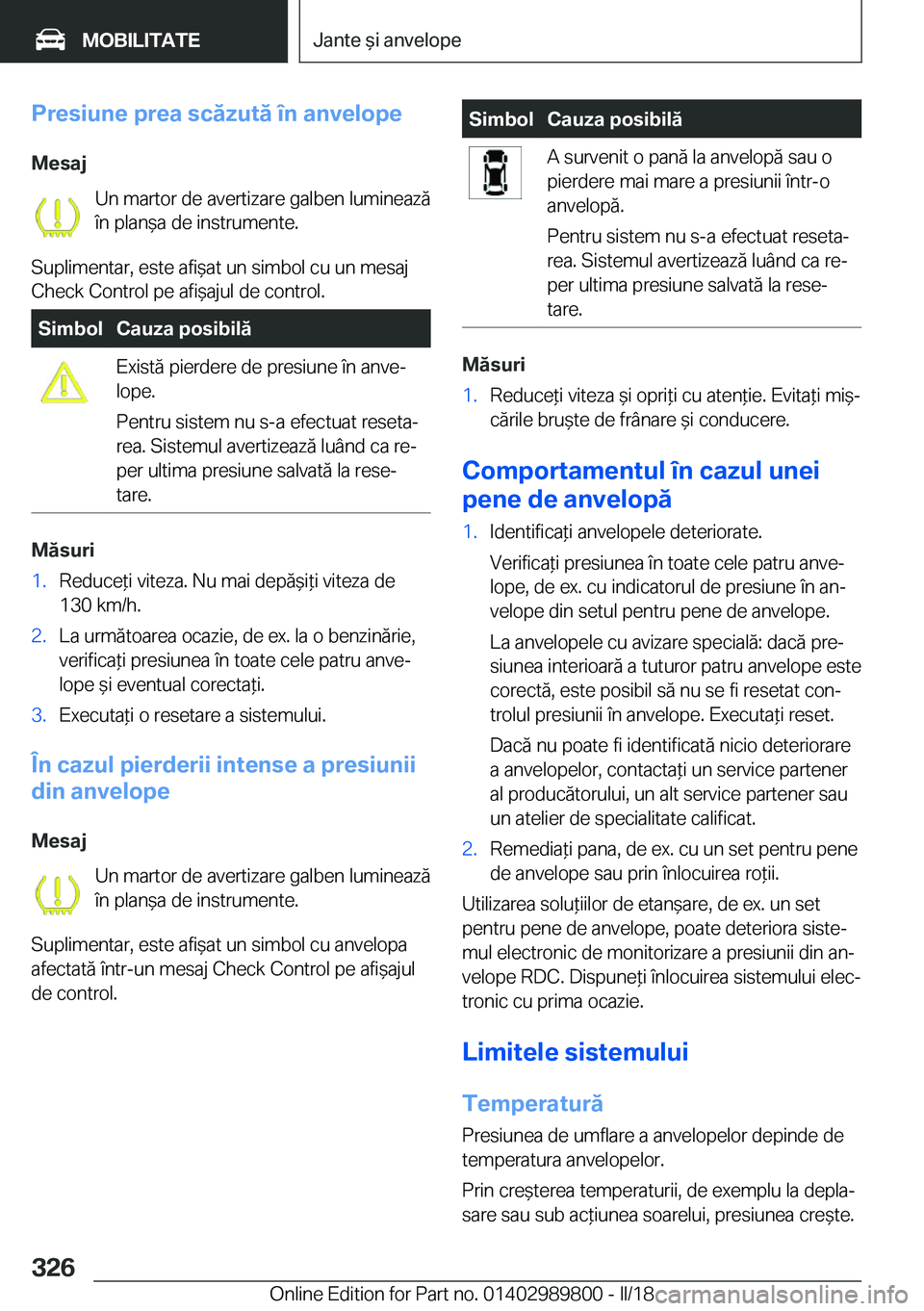 BMW M5 2018  Ghiduri De Utilizare (in Romanian)  P r e s i u n e  p r e a  s c ă z u t ă  