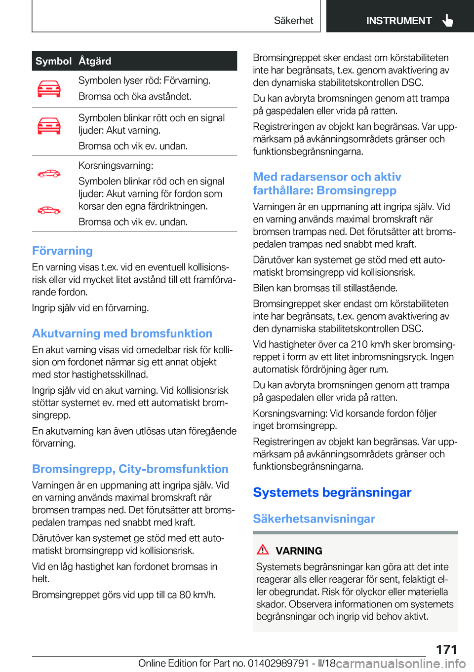 BMW M5 2018  InstruktionsbÖcker (in Swedish) �S�y�m�b�o�l�Å�t�g�ä�r�d�S�y�m�b�o�l�e�n� �l�y�s�e�r� �r�ö�d�:� �F�ö�r�v�a�r�n�i�n�g�.
�B�r�o�m�s�a� �o�c�h� �ö�k�a� �a�v�s�t�å�n�d�e�t�.�S�y�m�b�o�l�e�n� �b�l�i�n�k�a�r� �r�ö�t�t� �o�c�h� �e�n