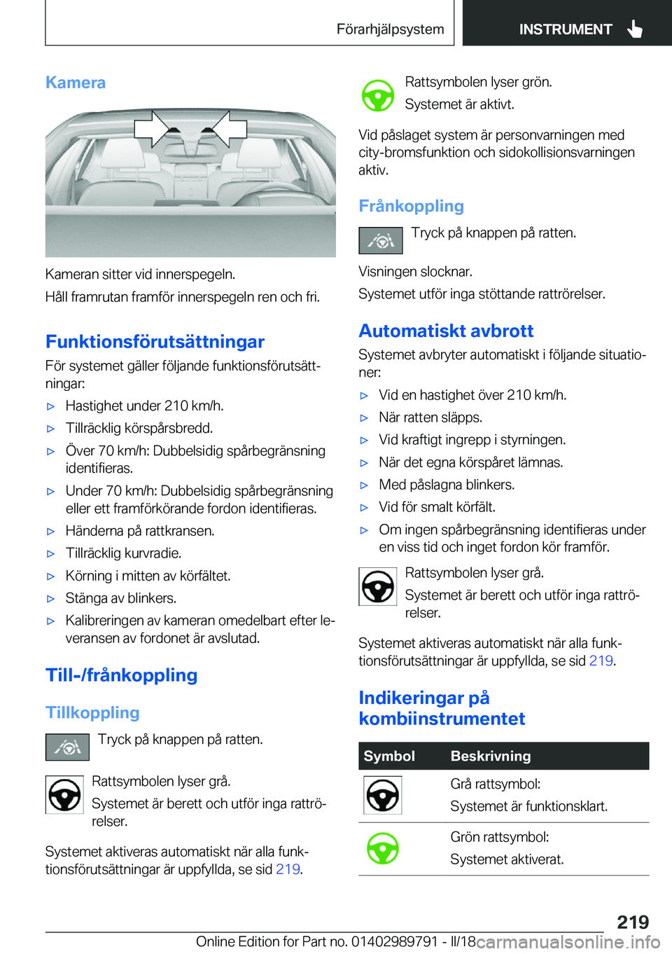 BMW M5 2018  InstruktionsbÖcker (in Swedish) �K�a�m�e�r�a
�K�a�m�e�r�a�n� �s�i�t�t�e�r� �v�i�d� �i�n�n�e�r�s�p�e�g�e�l�n�.
�H�å�l�l� �f�r�a�m�r�u�t�a�n� �f�r�a�m�f�ö�r� �i�n�n�e�r�s�p�e�g�e�l�n� �r�e�n� �o�c�h� �f�r�i�.
�F�u�n�k�t�i�o�n�s�f�