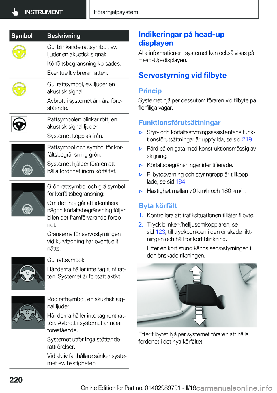BMW M5 2018  InstruktionsbÖcker (in Swedish) �S�y�m�b�o�l�B�e�s�k�r�i�v�n�i�n�g�G�u�l� �b�l�i�n�k�a�n�d�e� �r�a�t�t�s�y�m�b�o�l�,� �e�v�.
�l�j�u�d�e�r� �e�n� �a�k�u�s�t�i�s�k� �s�i�g�n�a�l�:
�K�ö�r�f�ä�l�t�s�b�e�g�r�ä�n�s�n�i�n�g� �k�o�r�s�a�