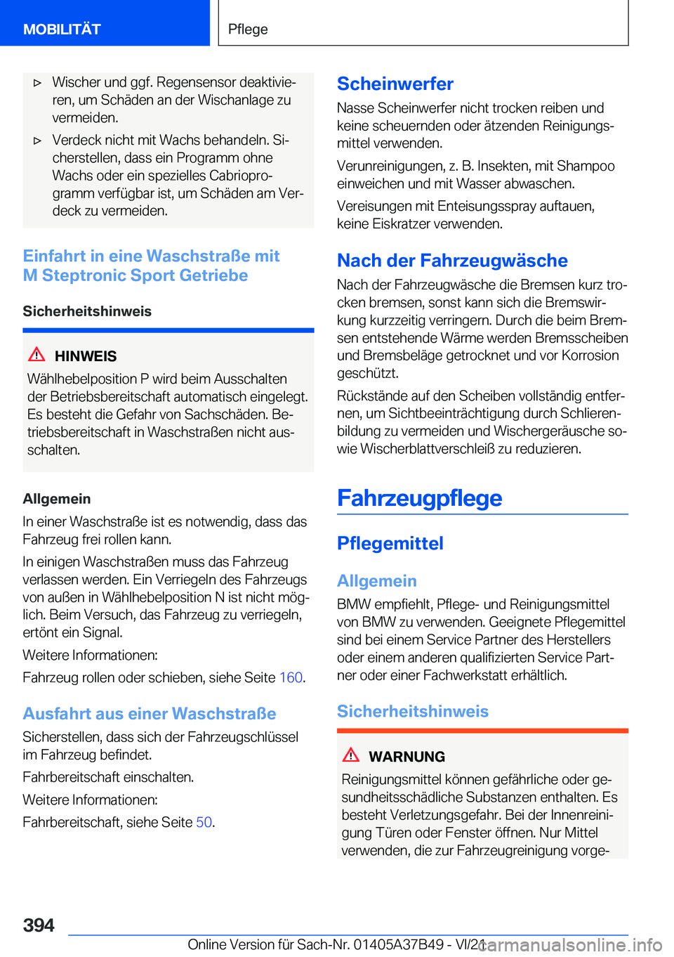 BMW M8 2022  Betriebsanleitungen (in German) 'x�W�i�s�c�h�e�r��u�n�d��g�g�f�.��R�e�g�e�n�s�e�n�s�o�r��d�e�a�k�t�i�v�i�ej�r�e�n�,��u�m��S�c�h�
