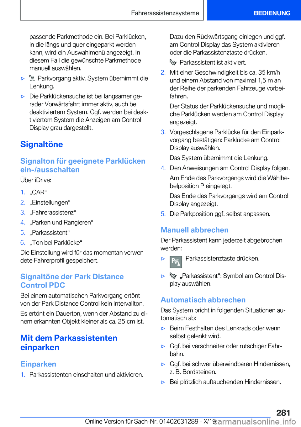 BMW M8 2020  Betriebsanleitungen (in German) �p�a�s�s�e�n�d�e��P�a�r�k�m�e�t�h�o�d�e��e�i�n�.��B�e�i��P�a�r�k�l�