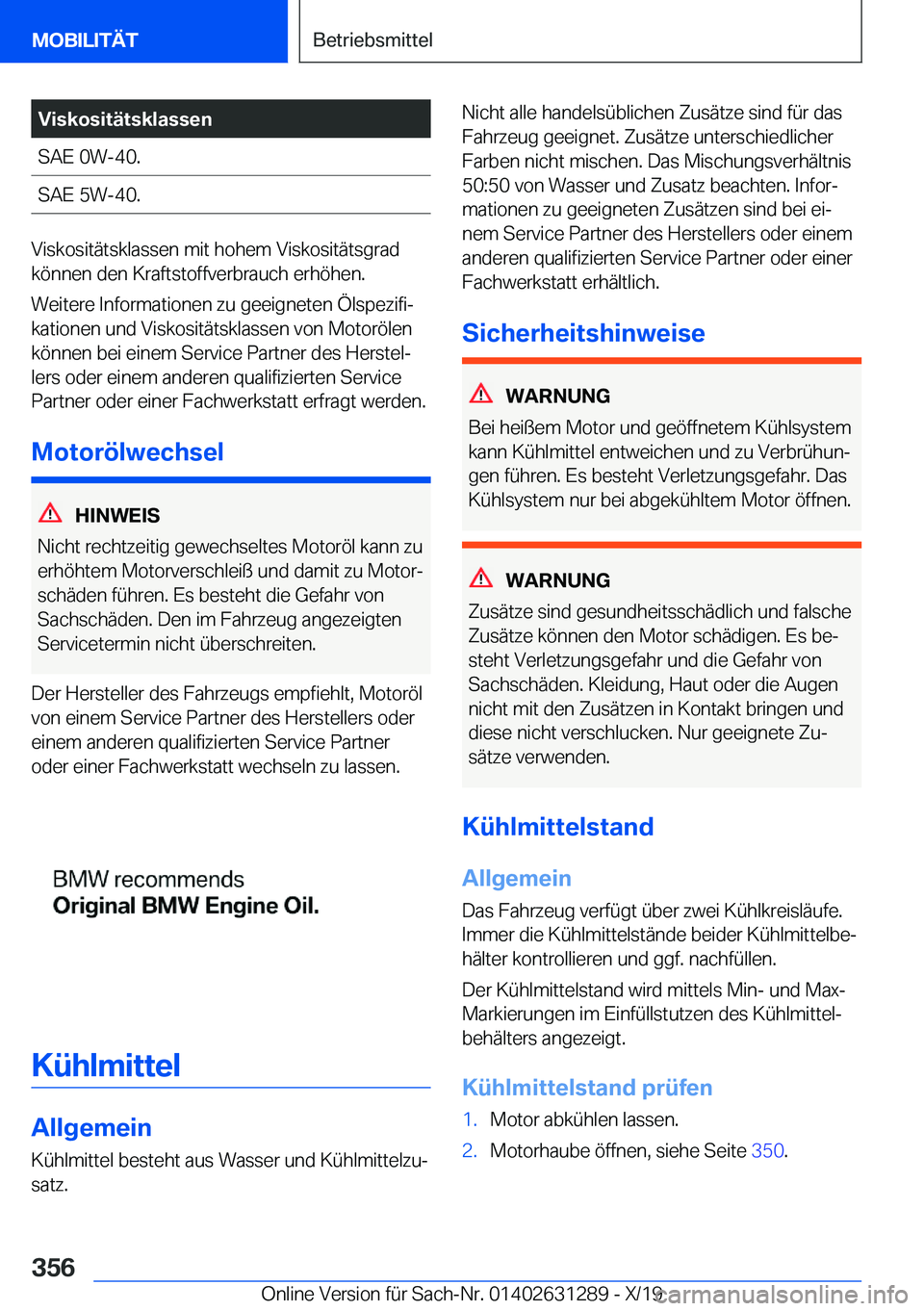 BMW M8 2020  Betriebsanleitungen (in German) �V�i�s�k�o�s�i�t�