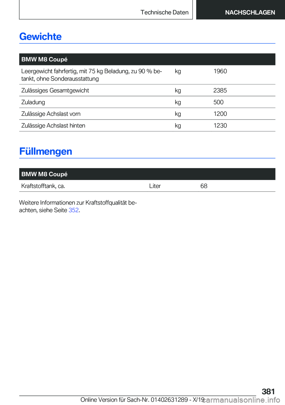 BMW M8 2020  Betriebsanleitungen (in German) �G�e�w�i�c�h�t�e
�
�B�M�W��M�8��C�o�u�p�
