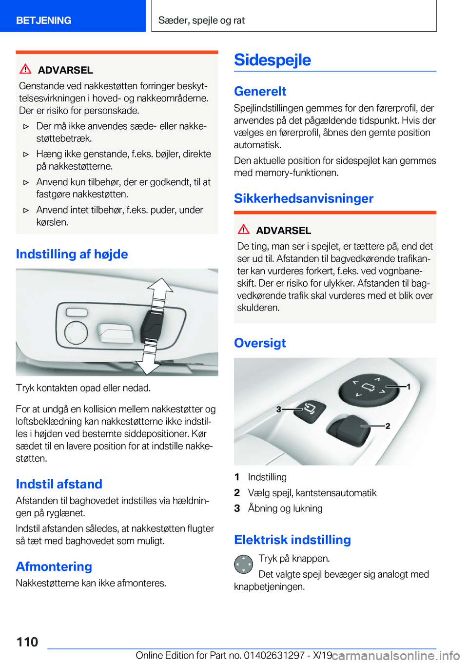 BMW M8 2020  InstruktionsbØger (in Danish) �A�D�V�A�R�S�E�L
�G�e�n�s�t�a�n�d�e��v�e�d��n�a�k�k�e�s�t�