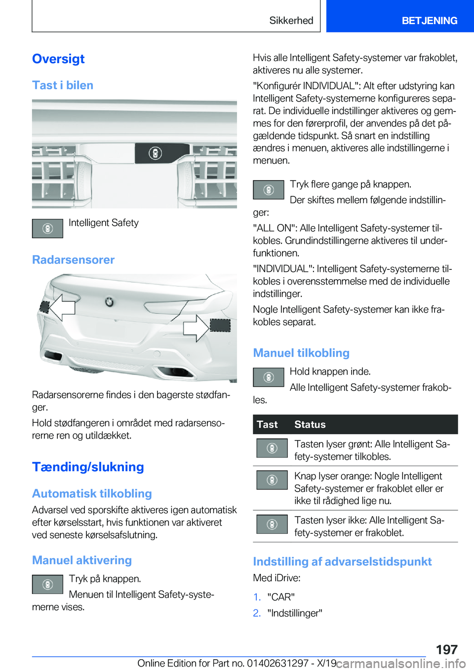 BMW M8 2020  InstruktionsbØger (in Danish) �O�v�e�r�s�i�g�t
�T�a�s�t��i��b�i�l�e�n
�I�n�t�e�l�l�i�g�e�n�t��S�a�f�e�t�y
�R�a�d�a�r�s�e�n�s�o�r�e�r
�R�a�d�a�r�s�e�n�s�o�r�e�r�n�e��f�i�n�d�e�s��i��d�e�n��b�a�g�e�r�s�t�e��s�t�