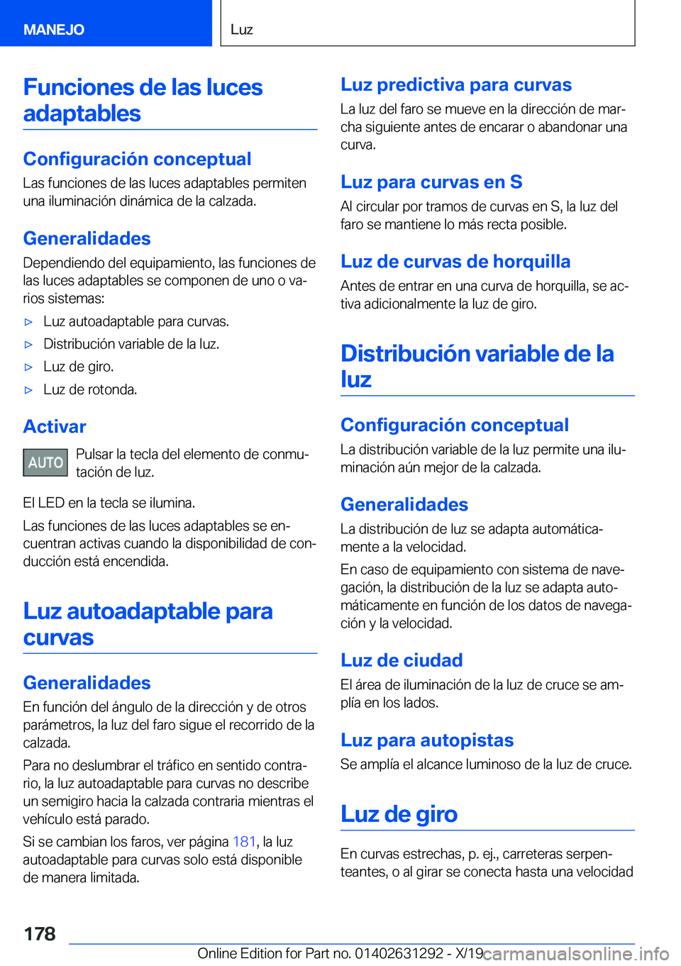 BMW M8 2020  Manuales de Empleo (in Spanish) �F�u�n�c�i�o�n�e�s��d�e��l�a�s��l�u�c�e�s�a�d�a�p�t�a�b�l�e�s
�C�o�n�f�i�g�u�r�a�c�i�