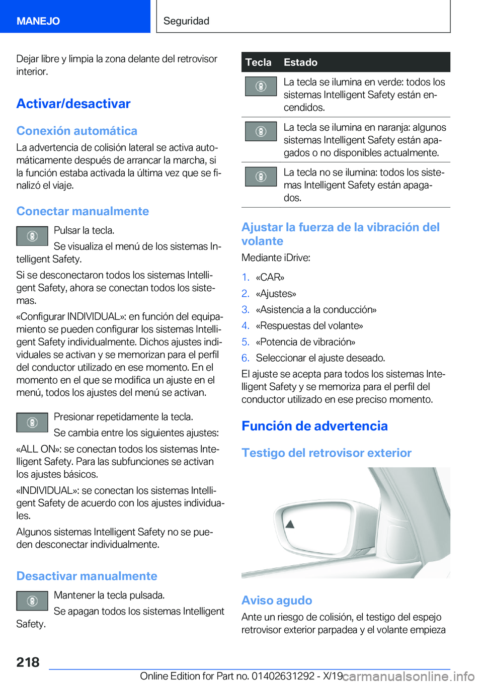 BMW M8 2020  Manuales de Empleo (in Spanish) �D�e�j�a�r��l�i�b�r�e��y��l�i�m�p�i�a��l�a��z�o�n�a��d�e�l�a�n�t�e��d�e�l��r�e�t�r�o�v�i�s�o�r�i�n�t�e�r�i�o�r�.
�A�c�t�i�v�a�r�/�d�e�s�a�c�t�i�v�a�r �C�o�n�e�x�i�