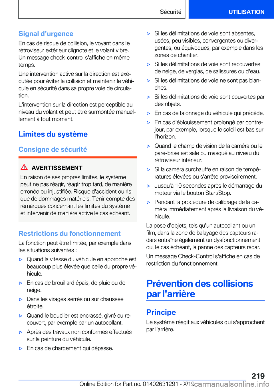 BMW M8 2020  Notices Demploi (in French) �S�i�g�n�a�l��d�'�u�r�g�e�n�c�e
�E�n��c�a�s��d�e��r�i�s�q�u�e��d�e��c�o�l�l�i�s�i�o�n�,��l�e��v�o�y�a�n�t��d�a�n�s��l�e �r�é�t�r�o�v�i�s�e�u�r��e�x�t�é�r�i�e�u�r��c�l�i�g�n�o�t�e��e