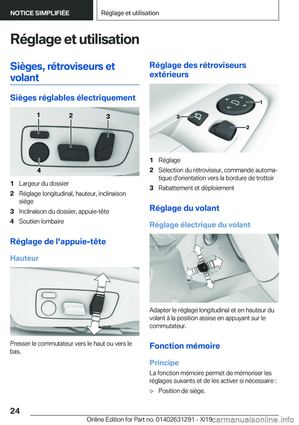 BMW M8 2020  Notices Demploi (in French) �R�é�g�l�a�g�e��e�t��u�t�i�l�i�s�a�t�i�o�n�S�i�è�g�e�s�,��r�é�t�r�o�v�i�s�e�u�r�s��e�t�v�o�l�a�n�t
�S�i�è�g�e�s��r�é�g�l�a�b�l�e�s��é�l�e�c�t�r�i�q�u�e�m�e�n�t
�1�L�a�r�g�e�u�r��d�u��d�o