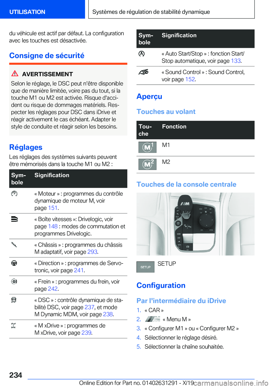 BMW M8 2020  Notices Demploi (in French) �d�u��v�é�h�i�c�u�l�e��e�s�t��a�c�t�i�f��p�a�r��d�é�f�a�u�t�.��L�a��c�o�n�f�i�g�u�r�a�t�i�o�n�a�v�e�c��l�e�s��t�o�u�c�h�e�s��e�s�t��d�é�s�a�c�t�i�v�é�e�.
�C�o�n�s�i�g�n�e��d�e��s�é�c