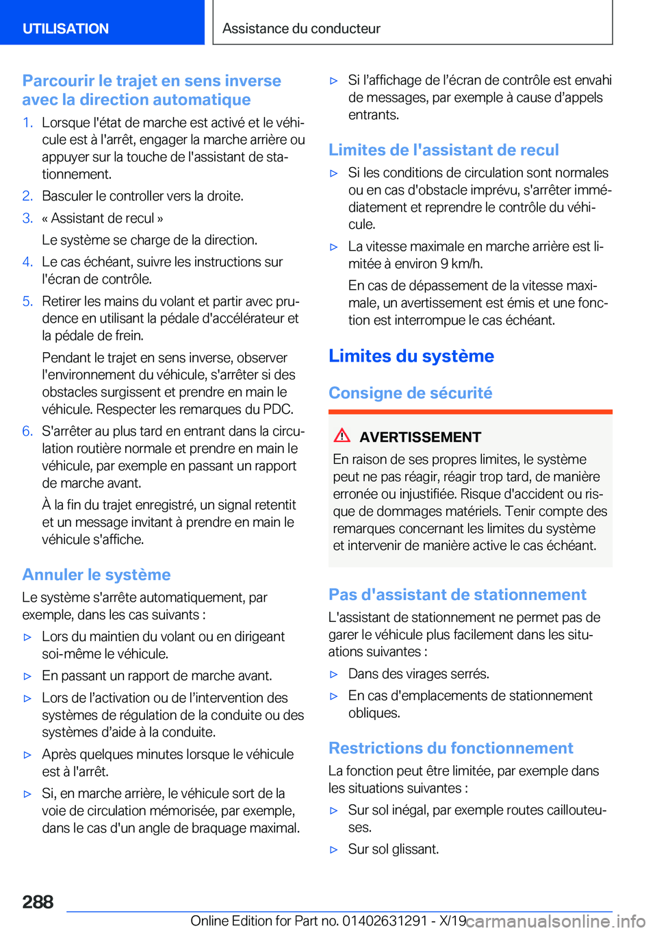 BMW M8 2020  Notices Demploi (in French) �P�a�r�c�o�u�r�i�r��l�e��t�r�a�j�e�t��e�n��s�e�n�s��i�n�v�e�r�s�e
�a�v�e�c��l�a��d�i�r�e�c�t�i�o�n��a�u�t�o�m�a�t�i�q�u�e�1�.�L�o�r�s�q�u�e��l�'�é�t�a�t��d�e��m�a�r�c�h�e��e�s�t��a�c