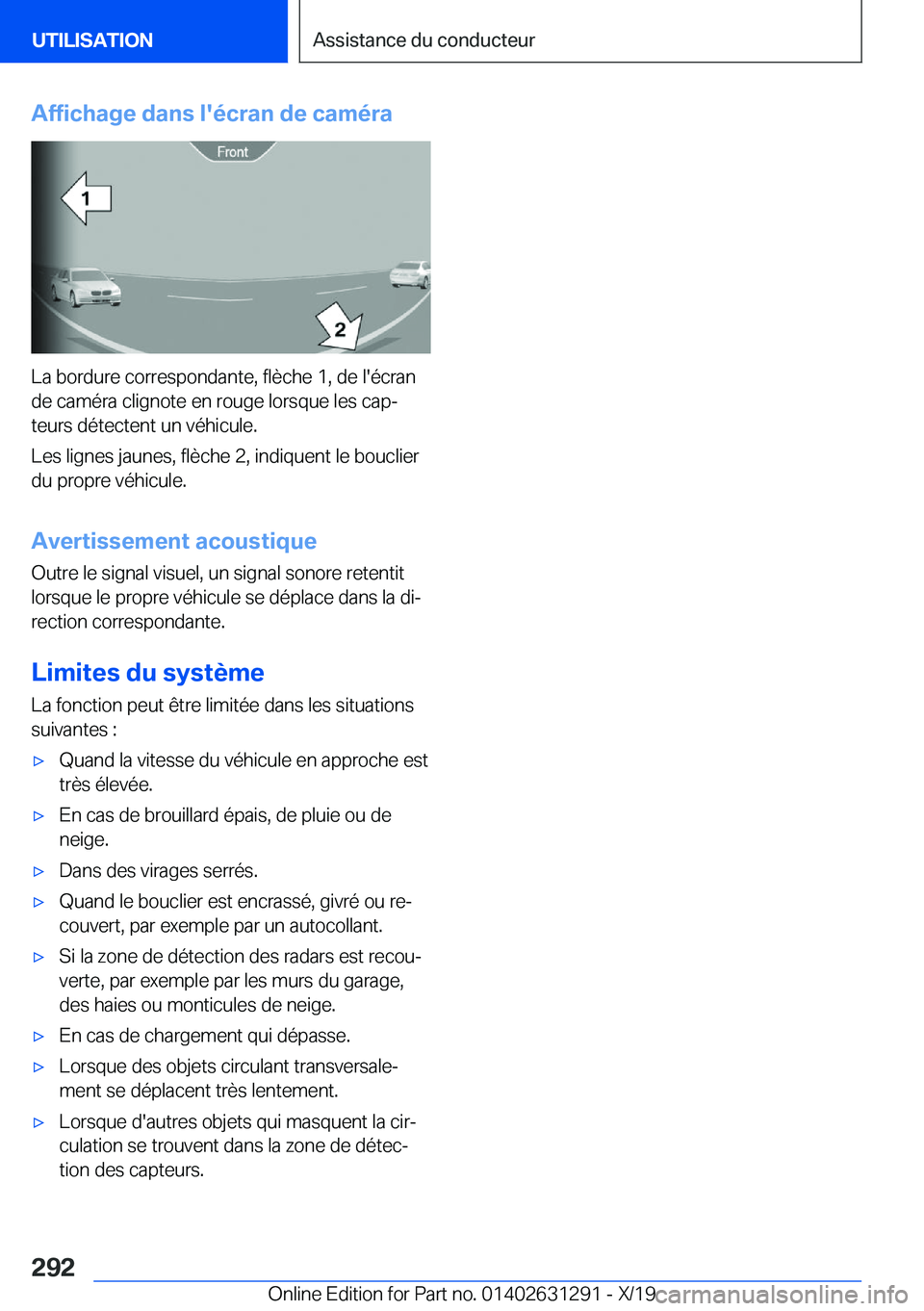 BMW M8 2020  Notices Demploi (in French) �A�f�f�i�c�h�a�g�e��d�a�n�s��l�'�é�c�r�a�n��d�e��c�a�m�é�r�a
�L�a��b�o�r�d�u�r�e��c�o�r�r�e�s�p�o�n�d�a�n�t�e�,��f�l�è�c�h�e��1�,��d�e��l�'�é�c�r�a�n�d�e��c�a�m�é�r�a��c�l�i�g