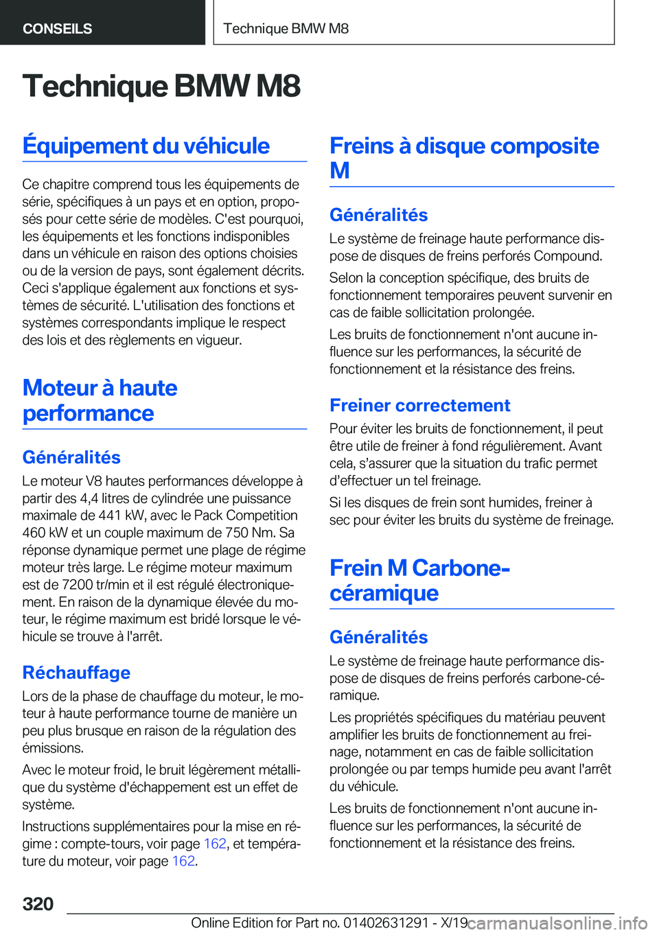 BMW M8 2020  Notices Demploi (in French) �T�e�c�h�n�i�q�u�e��B�M�W��M�8�