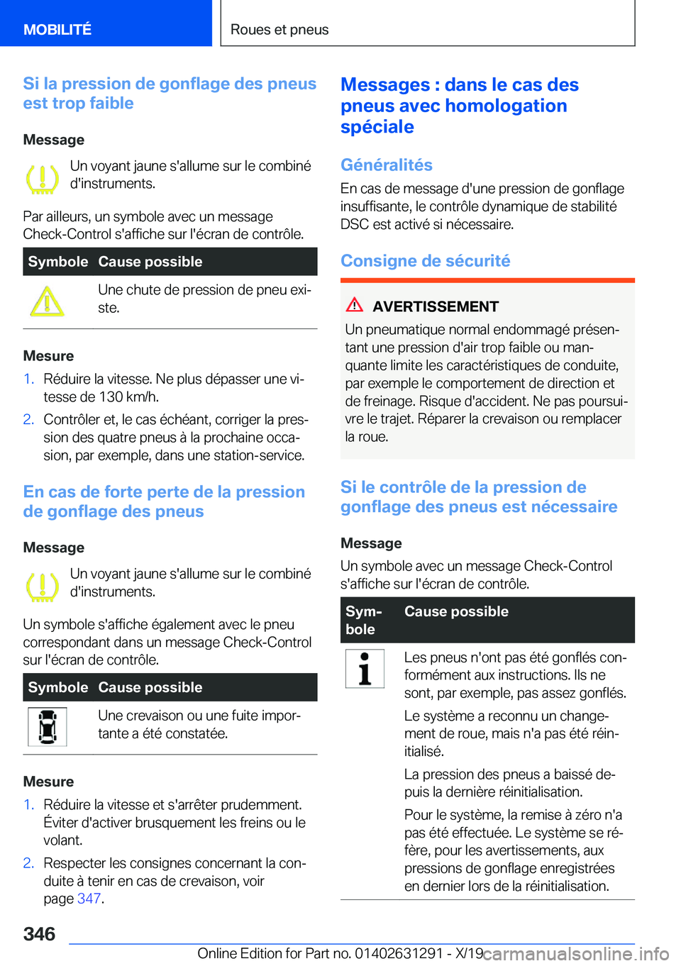 BMW M8 2020  Notices Demploi (in French) �S�i��l�a��p�r�e�s�s�i�o�n��d�e��g�o�n�f�l�a�g�e��d�e�s��p�n�e�u�s
�e�s�t��t�r�o�p��f�a�i�b�l�e
�M�e�s�s�a�g�e �U�n��v�o�y�a�n�t��j�a�u�n�e��s�'�a�l�l�u�m�e��s�u�r��l�e��c�o�m�b�i�n�