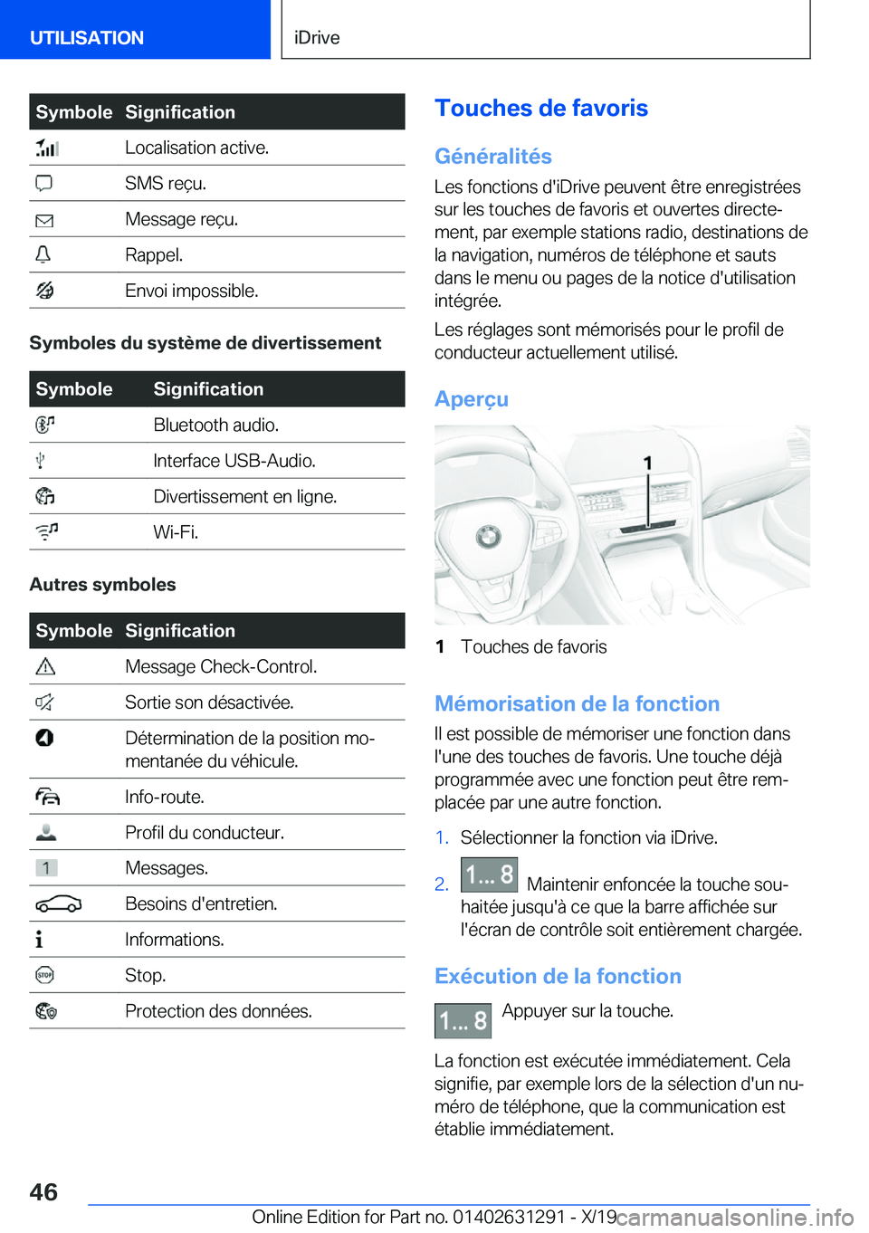 BMW M8 2020  Notices Demploi (in French) �S�y�m�b�o�l�e�S�i�g�n�i�f�i�c�a�t�i�o�n��L�o�c�a�l�i�s�a�t�i�o�n��a�c�t�i�v�e�.��S�M�S��r�e�ç�u�.��M�e�s�s�a�g�e��r�e�ç�u�.��R�a�p�p�e�l�.��E�n�v�o�i��i�m�p�o�s�s�i�b�l�e�.
�S�y�m�b�o�l�e�