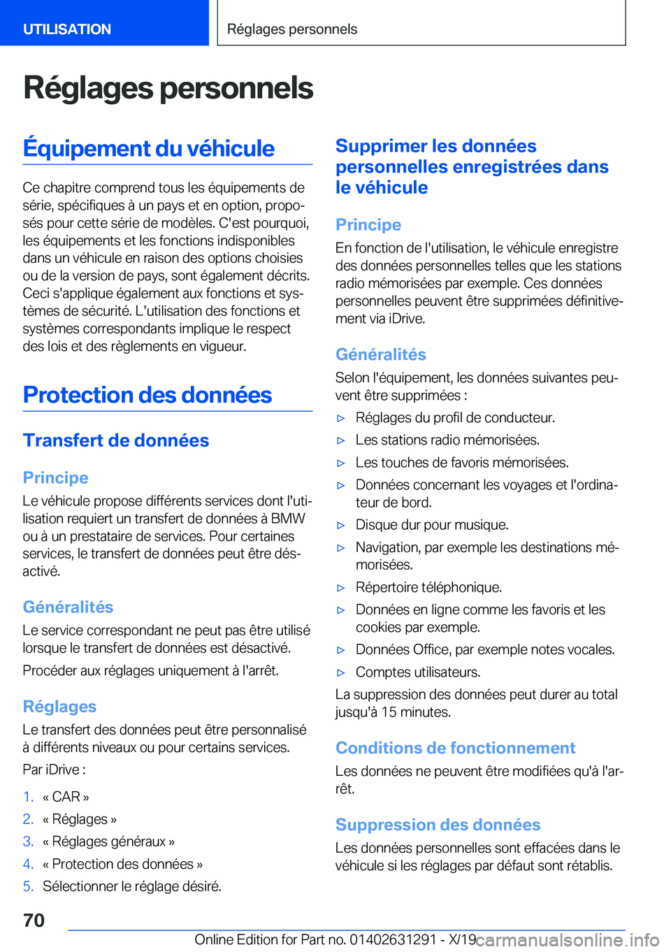 BMW M8 2020  Notices Demploi (in French) �R�é�g�l�a�g�e�s��p�e�r�s�o�n�n�e�l�s�