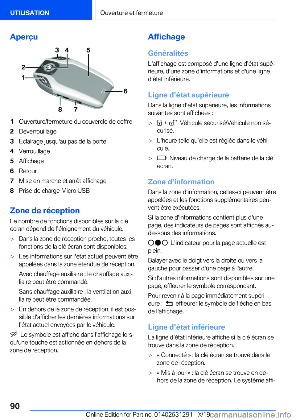 BMW M8 2020  Notices Demploi (in French) �A�p�e�r�ç�u�1�O�u�v�e�r�t�u�r�e�/�f�e�r�m�e�t�u�r�e��d�u��c�o�u�v�e�r�c�l�e��d�e��c�o�f�f�r�e�2�D�é�v�e�r�r�o�u�i�l�l�a�g�e�3�
