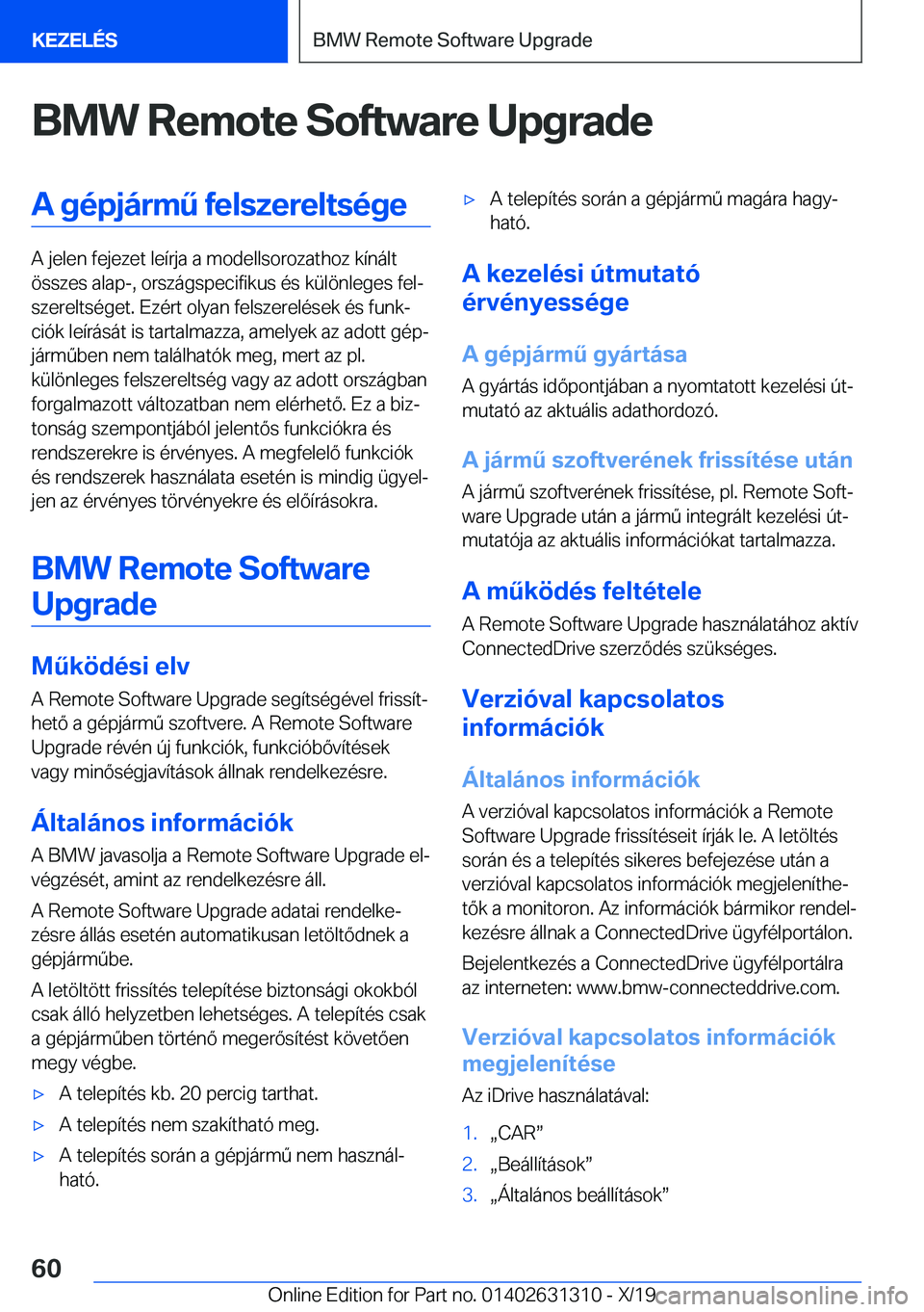BMW M8 2020  Kezelési útmutató (in Hungarian) �B�M�W��R�e�m�o�t�e��S�o�f�t�w�a�r�e��U�p�g�r�a�d�e�A��g�