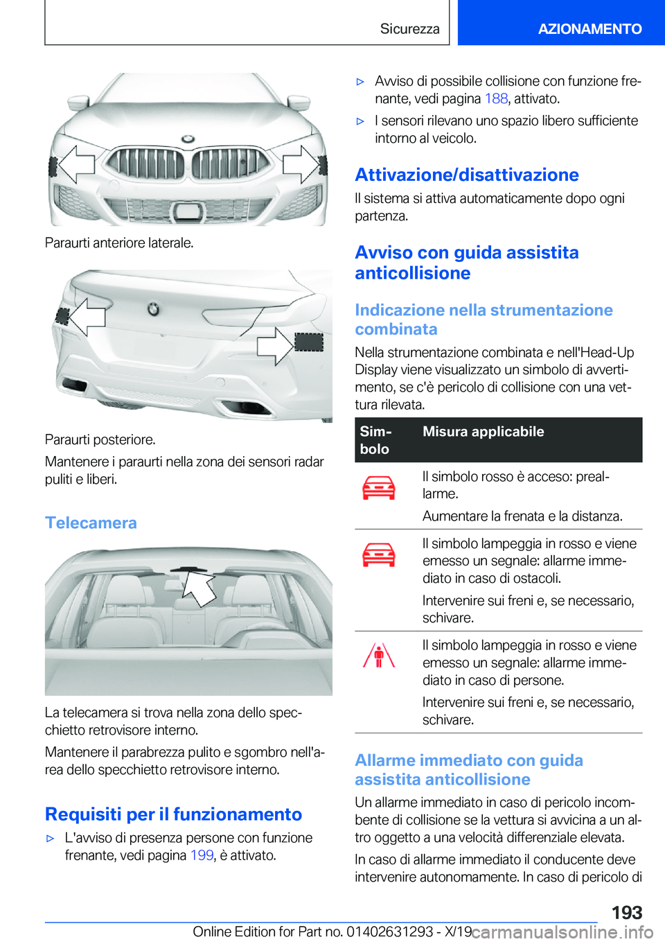 BMW M8 2020  Libretti Di Uso E manutenzione (in Italian) �P�a�r�a�u�r�t�i��a�n�t�e�r�i�o�r�e��l�a�t�e�r�a�l�e�.
�P�a�r�a�u�r�t�i��p�o�s�t�e�r�i�o�r�e�.
�M�a�n�t�e�n�e�r�e��i��p�a�r�a�u�r�t�i��n�e�l�l�a��z�o�n�a��d�e�i��s�e�n�s�o�r�i��r�a�d�a�r �p�
