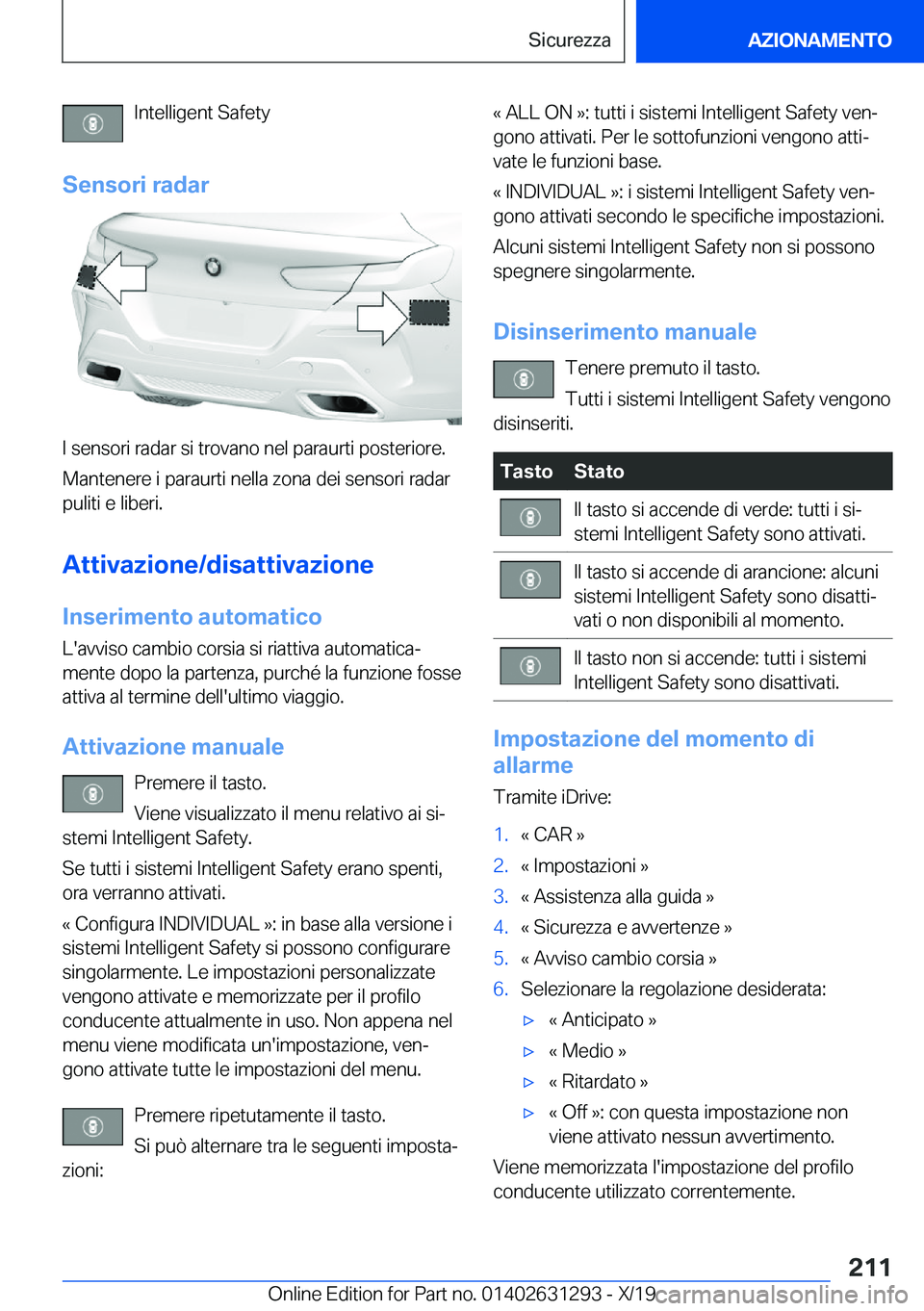 BMW M8 2020  Libretti Di Uso E manutenzione (in Italian) �I�n�t�e�l�l�i�g�e�n�t��S�a�f�e�t�y
�S�e�n�s�o�r�i��r�a�d�a�r
�I��s�e�n�s�o�r�i��r�a�d�a�r��s�i��t�r�o�v�a�n�o��n�e�l��p�a�r�a�u�r�t�i��p�o�s�t�e�r�i�o�r�e�.
�M�a�n�t�e�n�e�r�e��i��p�a�r�a�
