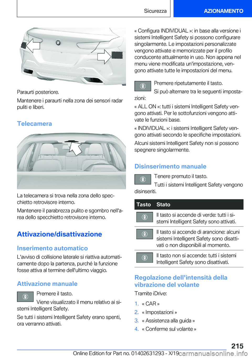 BMW M8 2020  Libretti Di Uso E manutenzione (in Italian) �P�a�r�a�u�r�t�i��p�o�s�t�e�r�i�o�r�e�.
�M�a�n�t�e�n�e�r�e��i��p�a�r�a�u�r�t�i��n�e�l�l�a��z�o�n�a��d�e�i��s�e�n�s�o�r�i��r�a�d�a�r �p�u�l�i�t�i��e��l�i�b�e�r�i�.
�T�e�l�e�c�a�m�e�r�a
�L�a�