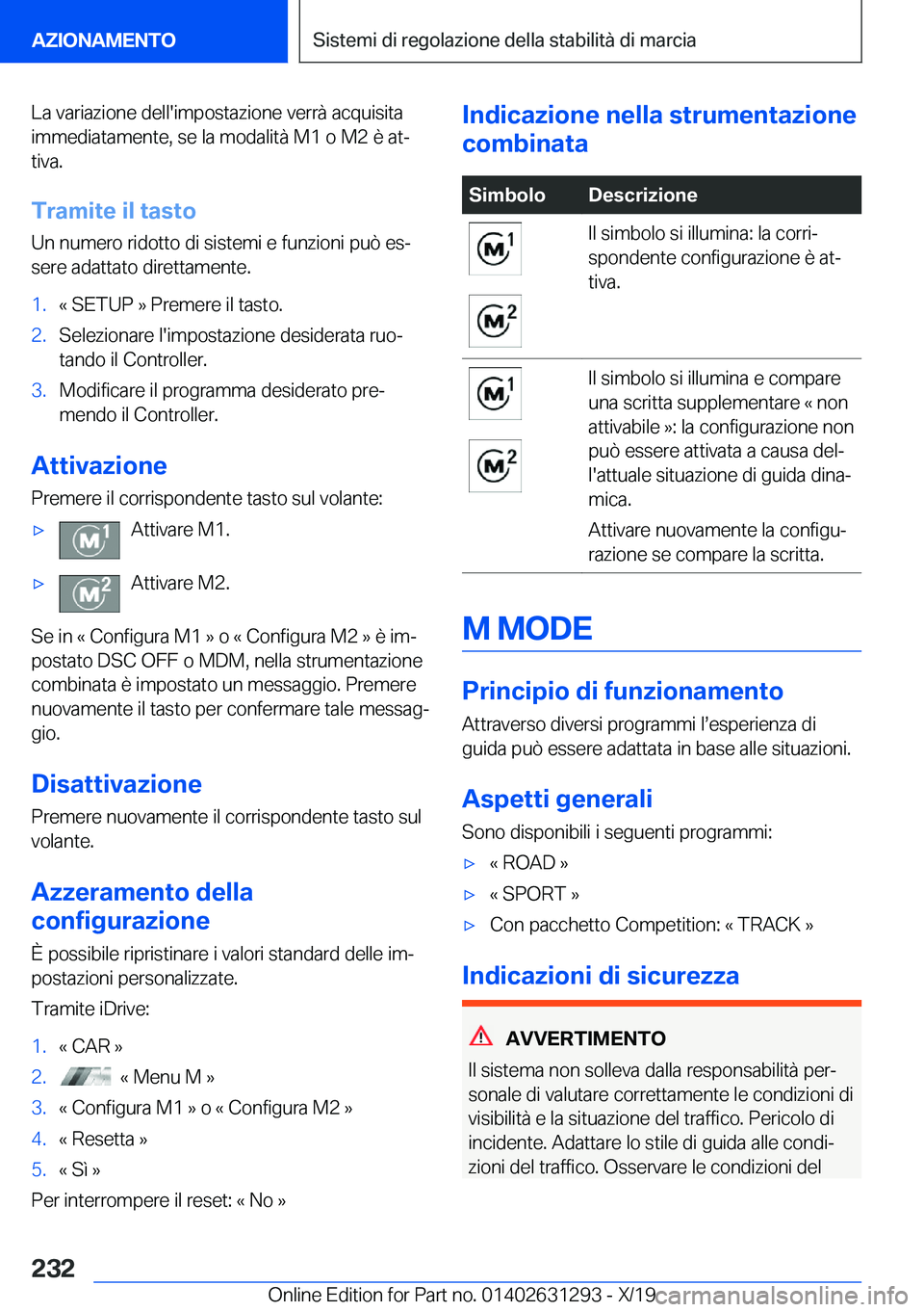BMW M8 2020  Libretti Di Uso E manutenzione (in Italian) �L�a��v�a�r�i�a�z�i�o�n�e��d�e�l�l�'�i�m�p�o�s�t�a�z�i�o�n�e��v�e�r�r�