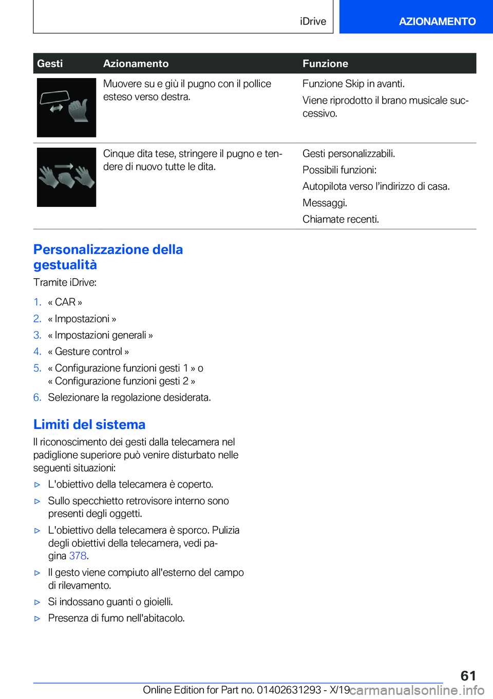 BMW M8 2020  Libretti Di Uso E manutenzione (in Italian) �G�e�s�t�i�A�z�i�o�n�a�m�e�n�t�o�F�u�n�z�i�o�n�e�M�u�o�v�e�r�e��s�u��e��g�i�