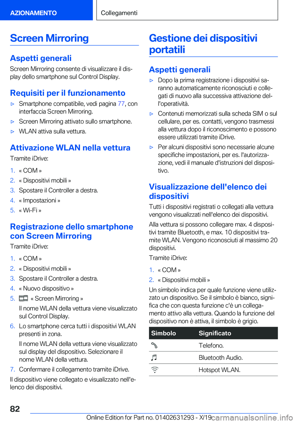 BMW M8 2020  Libretti Di Uso E manutenzione (in Italian) �S�c�r�e�e�n��M�i�r�r�o�r�i�n�g
�A�s�p�e�t�t�i��g�e�n�e�r�a�l�i�S�c�r�e�e�n��M�i�r�r�o�r�i�n�g��c�o�n�s�e�n�t�e��d�i��v�i�s�u�a�l�i�z�z�a�r�e��i�l��d�i�sª
�p�l�a�y��d�e�l�l�o��s�m�a�r�t�p�