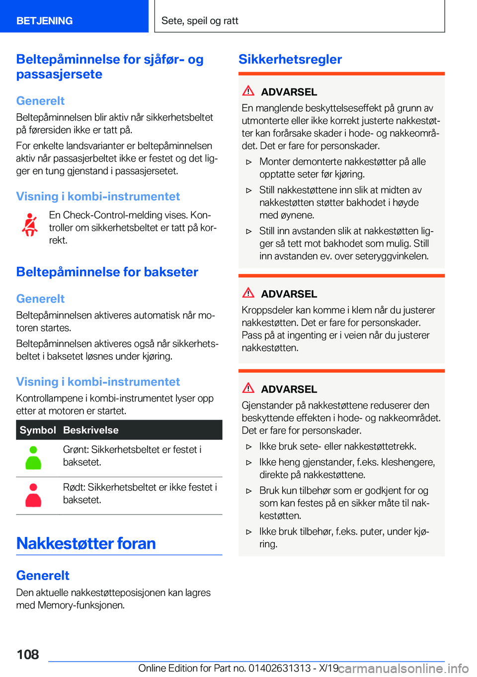 BMW M8 2020  InstruksjonsbØker (in Norwegian) �B�e�l�t�e�p�å�m�i�n�n�e�l�s�e��f�o�r��s�j�å�f�