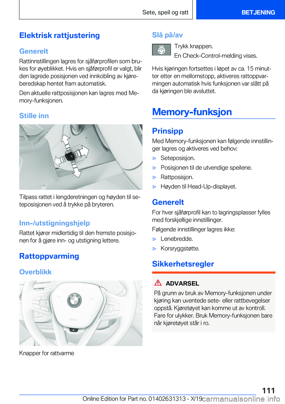BMW M8 2020  InstruksjonsbØker (in Norwegian) �E�l�e�k�t�r�i�s�k��r�a�t�t�j�u�s�t�e�r�i�n�g
�G�e�n�e�r�e�l�t �R�a�t�t�i�n�n�s�t�i�l�l�i�n�g�e�n��l�a�g�r�e�s��f�o�r��s�j�å�f�