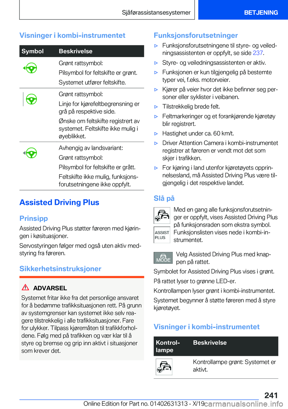 BMW M8 2020  InstruksjonsbØker (in Norwegian) �V�i�s�n�i�n�g�e�r��i��k�o�m�b�i�-�i�n�s�t�r�u�m�e�n�t�e�t�S�y�m�b�o�l�B�e�s�k�r�i�v�e�l�s�e�G�r�