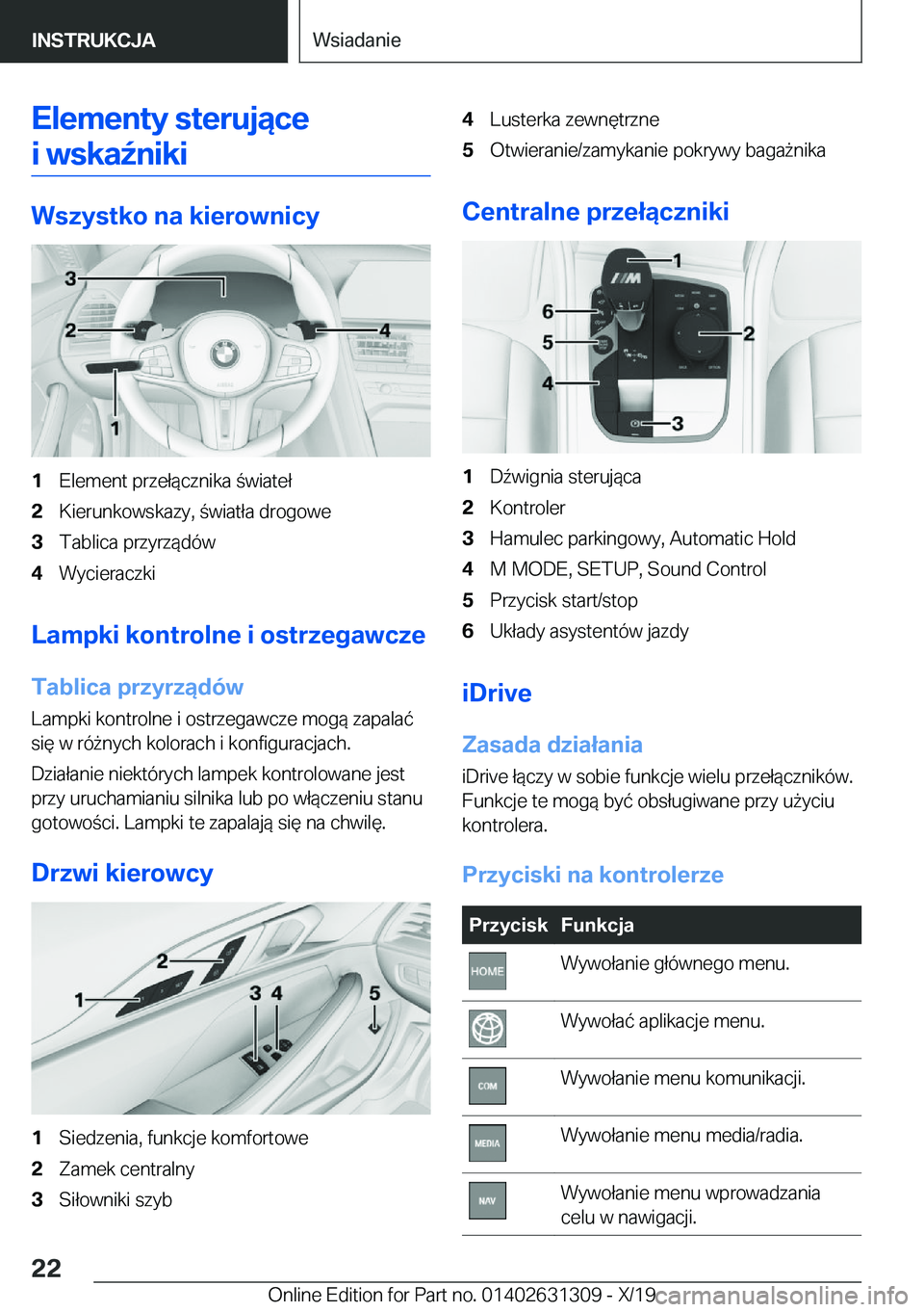 BMW M8 2020  Instrukcja obsługi (in Polish) �E�l�e�m�e�n�t�y��s�t�e�r�u�j�ą�c�e�i��w�s�k�a7�n�i�k�i
�W�s�z�y�s�t�k�o��n�a��k�i�e�r�o�w�n�i�c�y
�1�E�l�e�m�e�n�t��p�r�z�e�ł�
