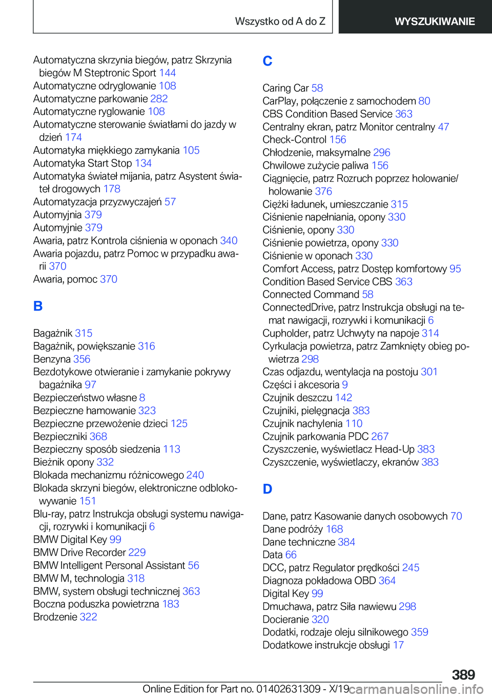 BMW M8 2020  Instrukcja obsługi (in Polish) �A�u�t�o�m�a�t�y�c�z�n�a��s�k�r�z�y�n�i�a��b�i�e�g�