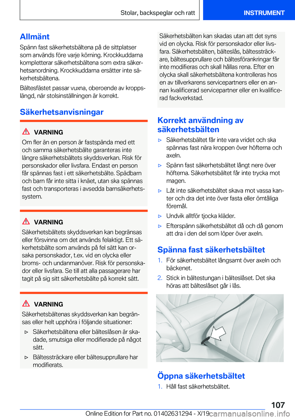 BMW M8 2020  InstruktionsbÖcker (in Swedish) �A�l�l�m�ä�n�t
�S�p�ä�n�n��f�a�s�t��s�ä�k�e�r�h�e�t�s�b�ä�l�t�e�n�a��p�å��d�e��s�i�t�t�p�l�a�t�s�e�r
�s�o�m��a�n�v�ä�n�d�s��f�