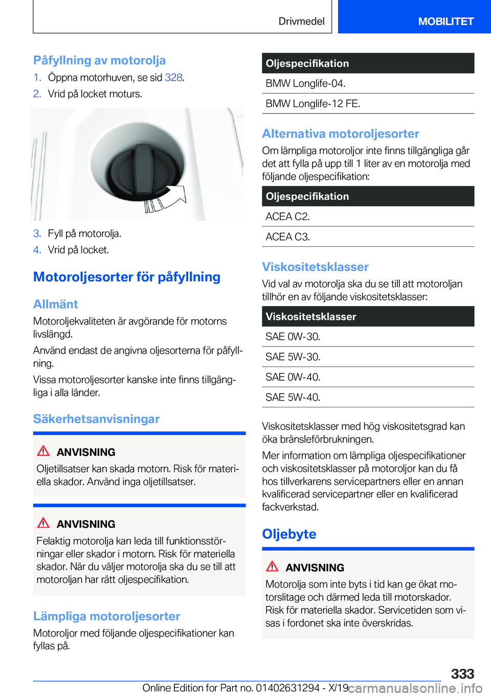 BMW M8 2020  InstruktionsbÖcker (in Swedish) �P�å�f�y�l�l�n�i�n�g��a�v��m�o�t�o�r�o�l�j�a�1�.�