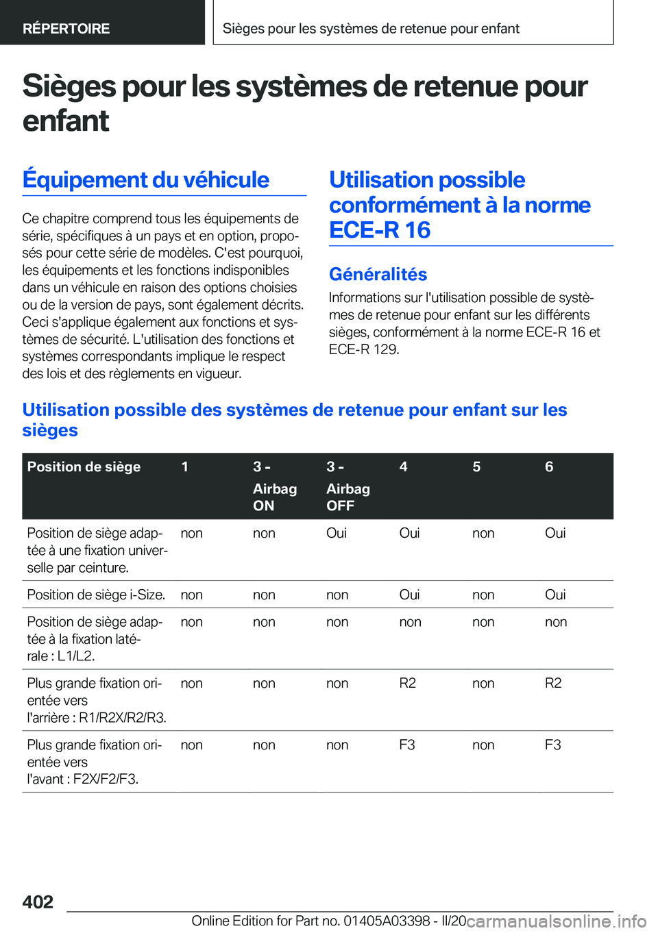 BMW M8 GRAN COUPE 2020  Notices Demploi (in French) �S�i�è�g�e�s��p�o�u�r��l�e�s��s�y�s�t�è�m�e�s��d�e��r�e�t�e�n�u�e��p�o�u�r
�e�n�f�a�n�t�