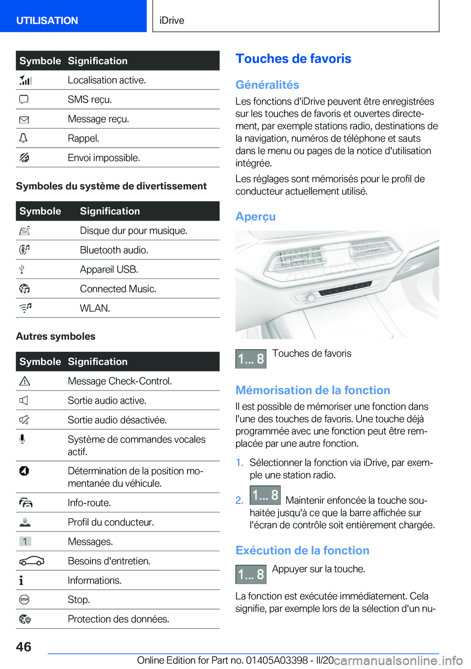 BMW M8 GRAN COUPE 2020  Notices Demploi (in French) �S�y�m�b�o�l�e�S�i�g�n�i�f�i�c�a�t�i�o�n��L�o�c�a�l�i�s�a�t�i�o�n��a�c�t�i�v�e�.��S�M�S��r�e�ç�u�.��M�e�s�s�a�g�e��r�e�ç�u�.��R�a�p�p�e�l�.��E�n�v�o�i��i�m�p�o�s�s�i�b�l�e�.
�S�y�m�b�o�l�e�