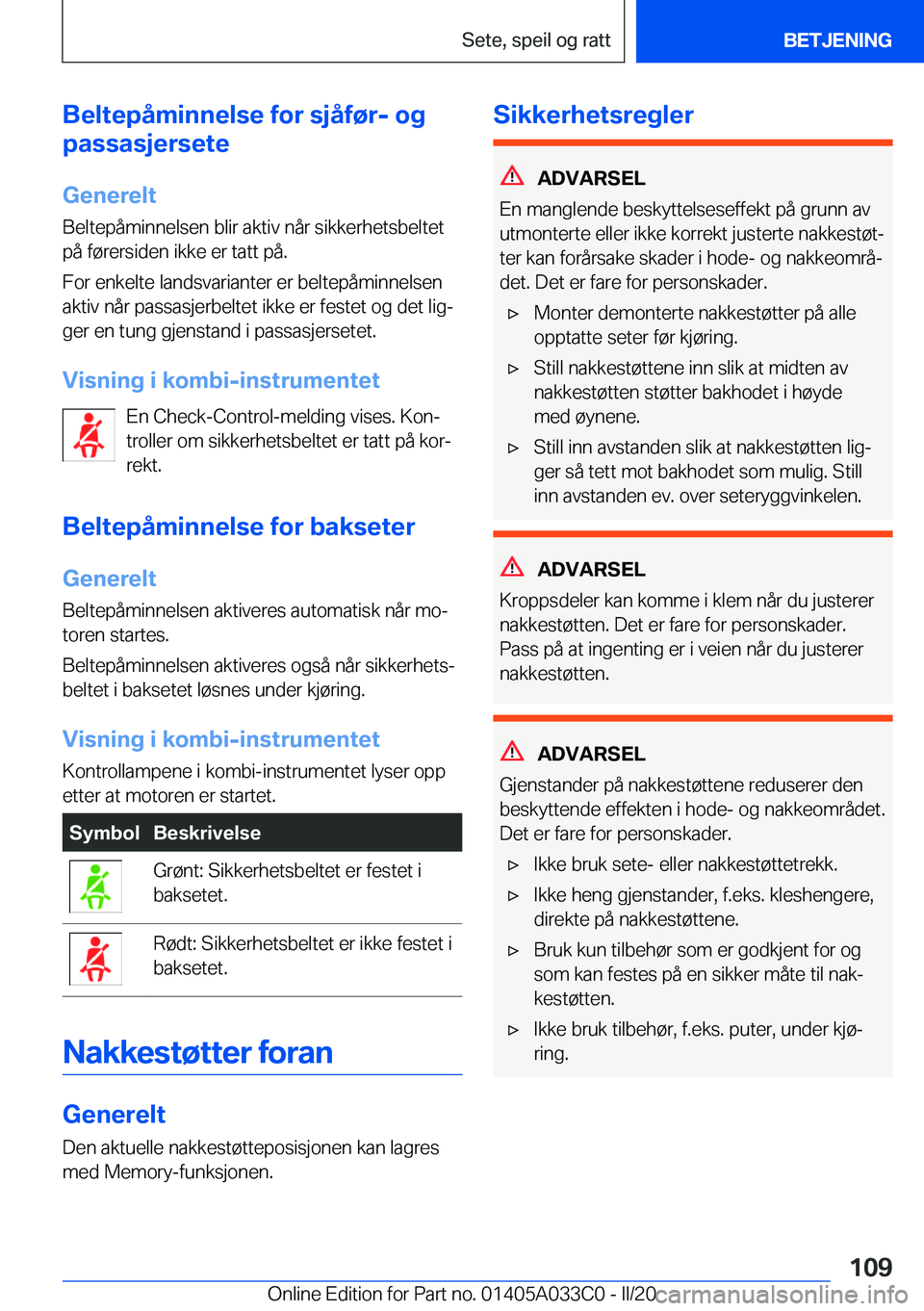 BMW M8 GRAN COUPE 2020  InstruksjonsbØker (in Norwegian) �B�e�l�t�e�p�å�m�i�n�n�e�l�s�e��f�o�r��s�j�å�f�