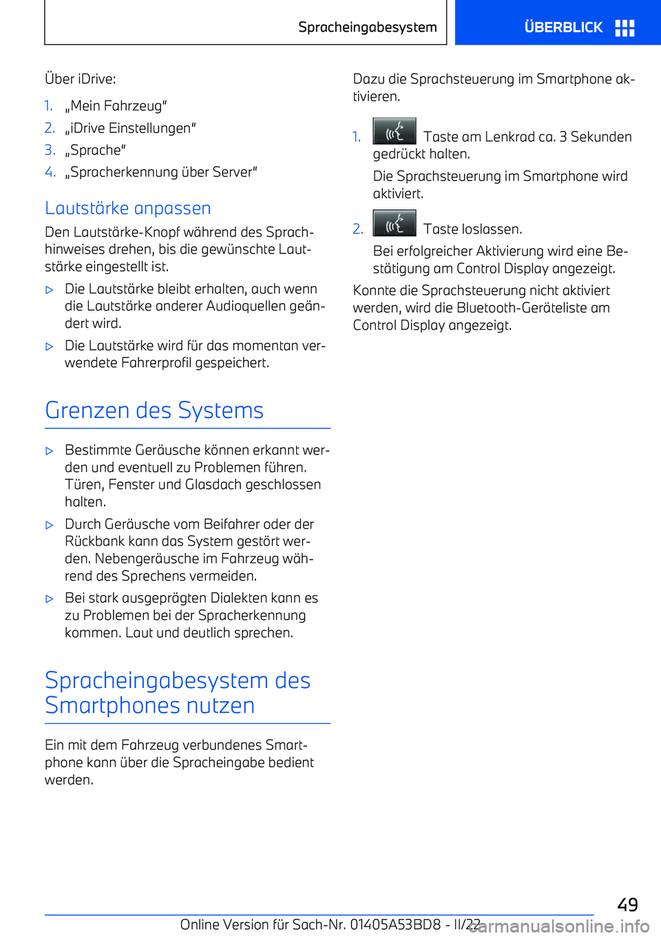 BMW X1 2022  Betriebsanleitungen (in German) ber iDrive:1.(Mein Fahrzeug 52.(iDrive Einstellungen 53.(Sprache 54.(Spracherkennung 