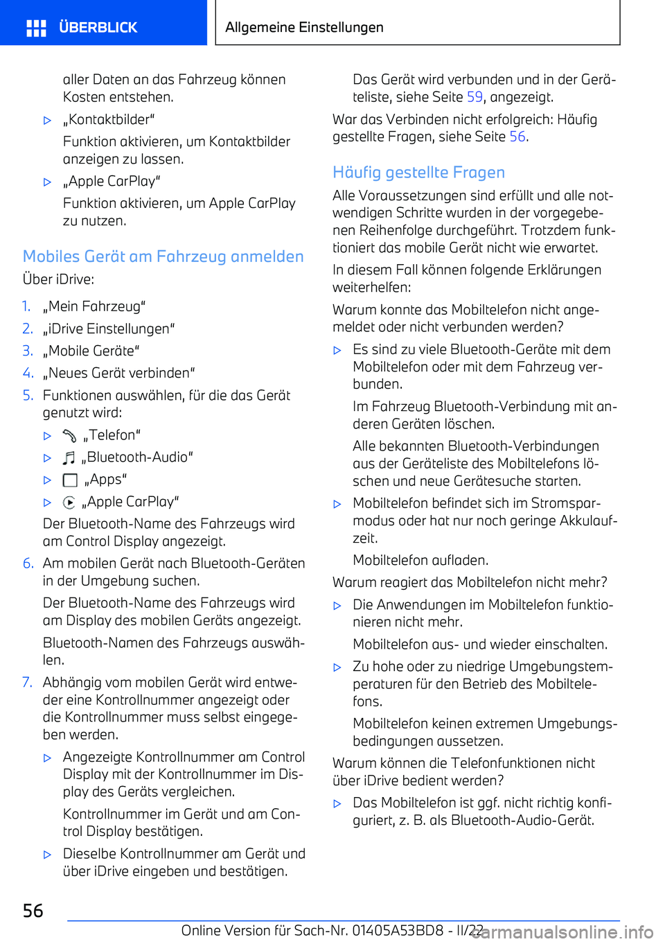 BMW X1 2022  Betriebsanleitungen (in German) aller Daten an das Fahrzeug k