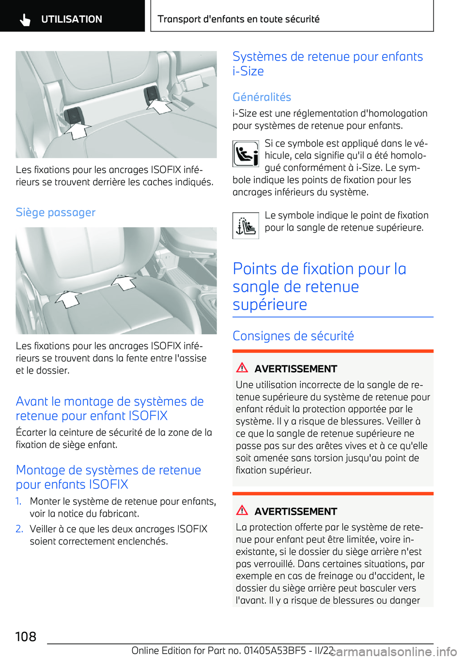 BMW X1 2022 Notices Demploi (in French) Les fixations pour les ancrages ISOFIX inf BMW X1 2022 Notices Demploi (in French) Les fixations pour les ancrages ISOFIX inf