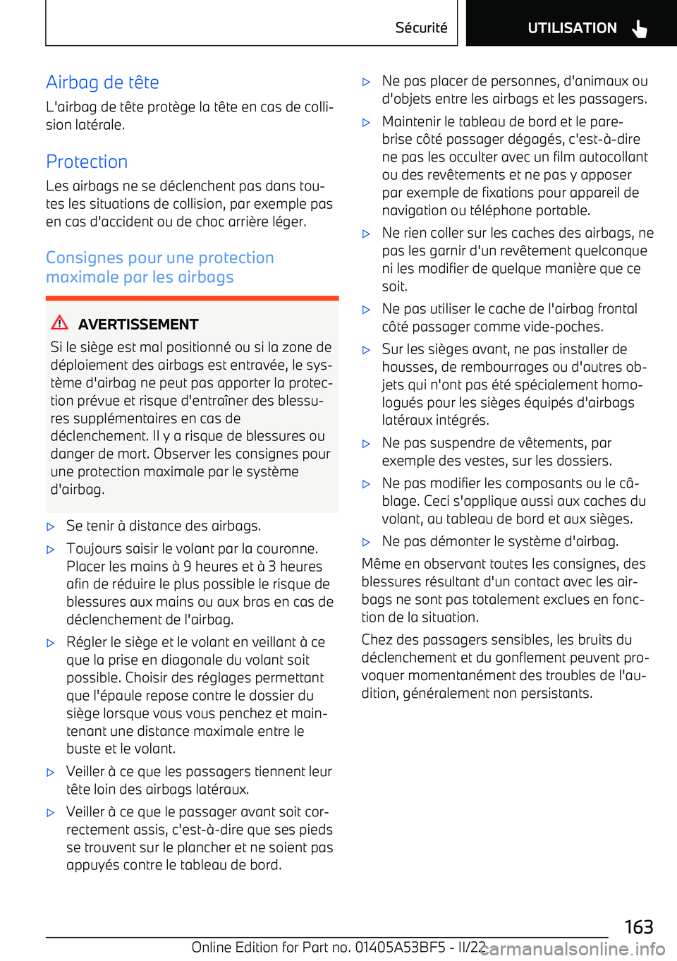 BMW X1 2022 Notices Demploi (in French) Airbag de t BMW X1 2022 Notices Demploi (in French) Airbag de t