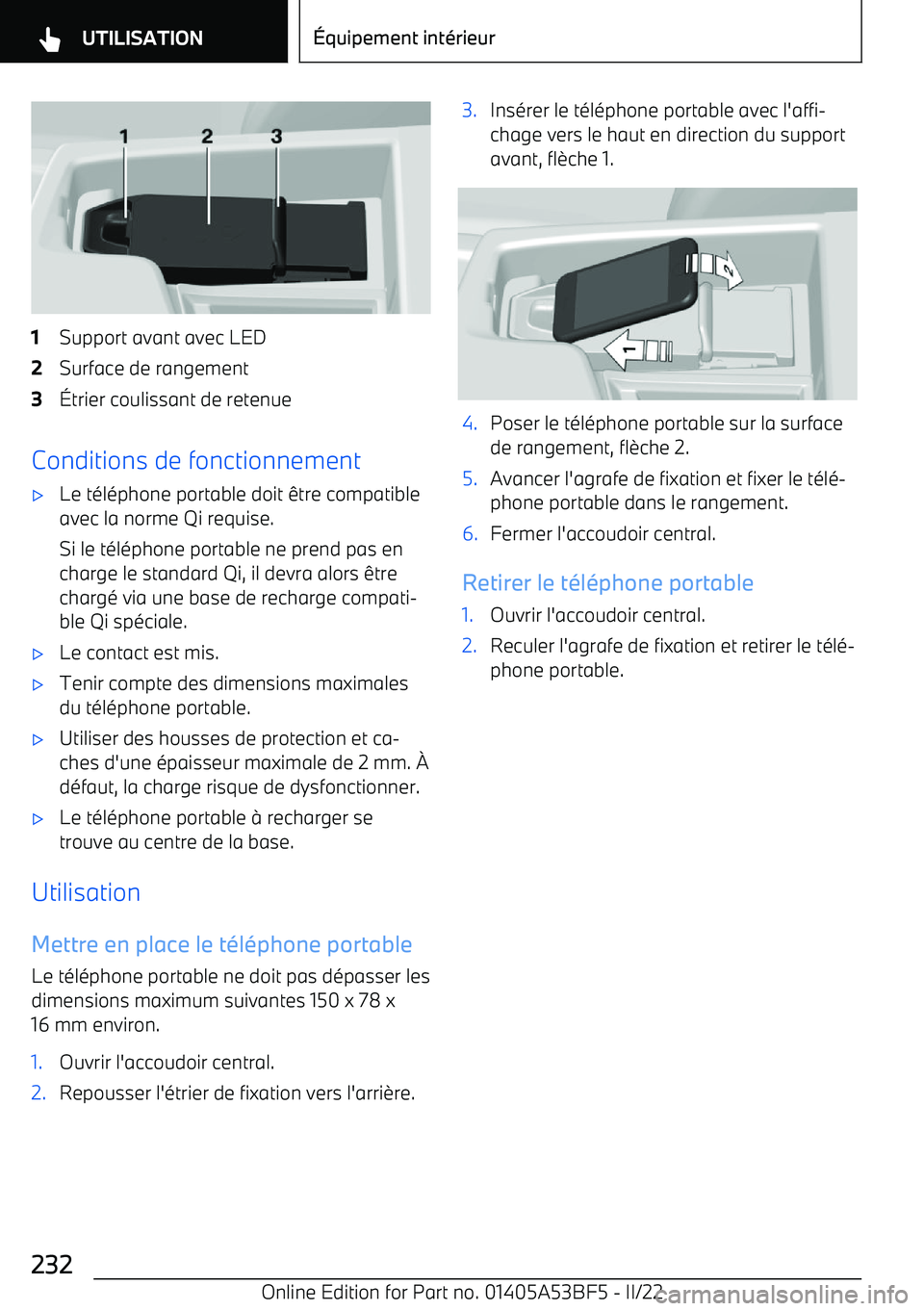 BMW X1 2022 Notices Demploi (in French) 1Support avant avec LED2Surface de rangement3 BMW X1 2022 Notices Demploi (in French) 1Support avant avec LED2Surface de rangement3