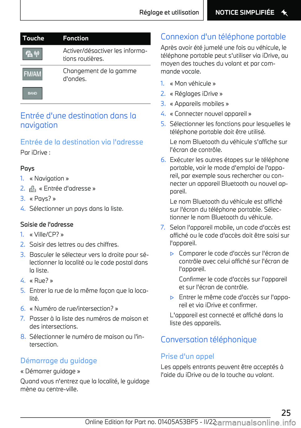 BMW X1 2022 Notices Demploi (in French) ToucheFonctionActiver/d BMW X1 2022 Notices Demploi (in French) ToucheFonctionActiver/d