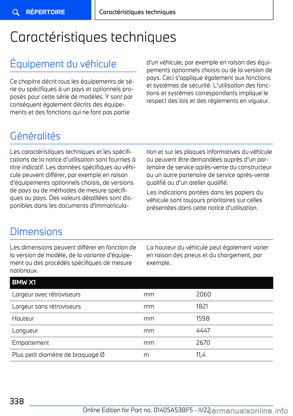 BMW X1 2022 Notices Demploi (in French) Caract BMW X1 2022 Notices Demploi (in French) Caract