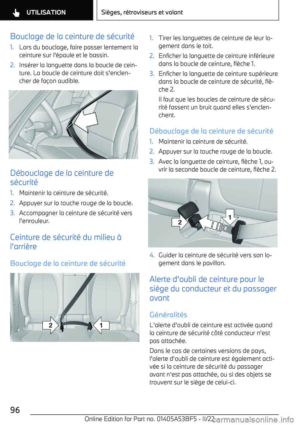 BMW X1 2022 Notices Demploi (in French) Bouclage de la ceinture de s BMW X1 2022 Notices Demploi (in French) Bouclage de la ceinture de s